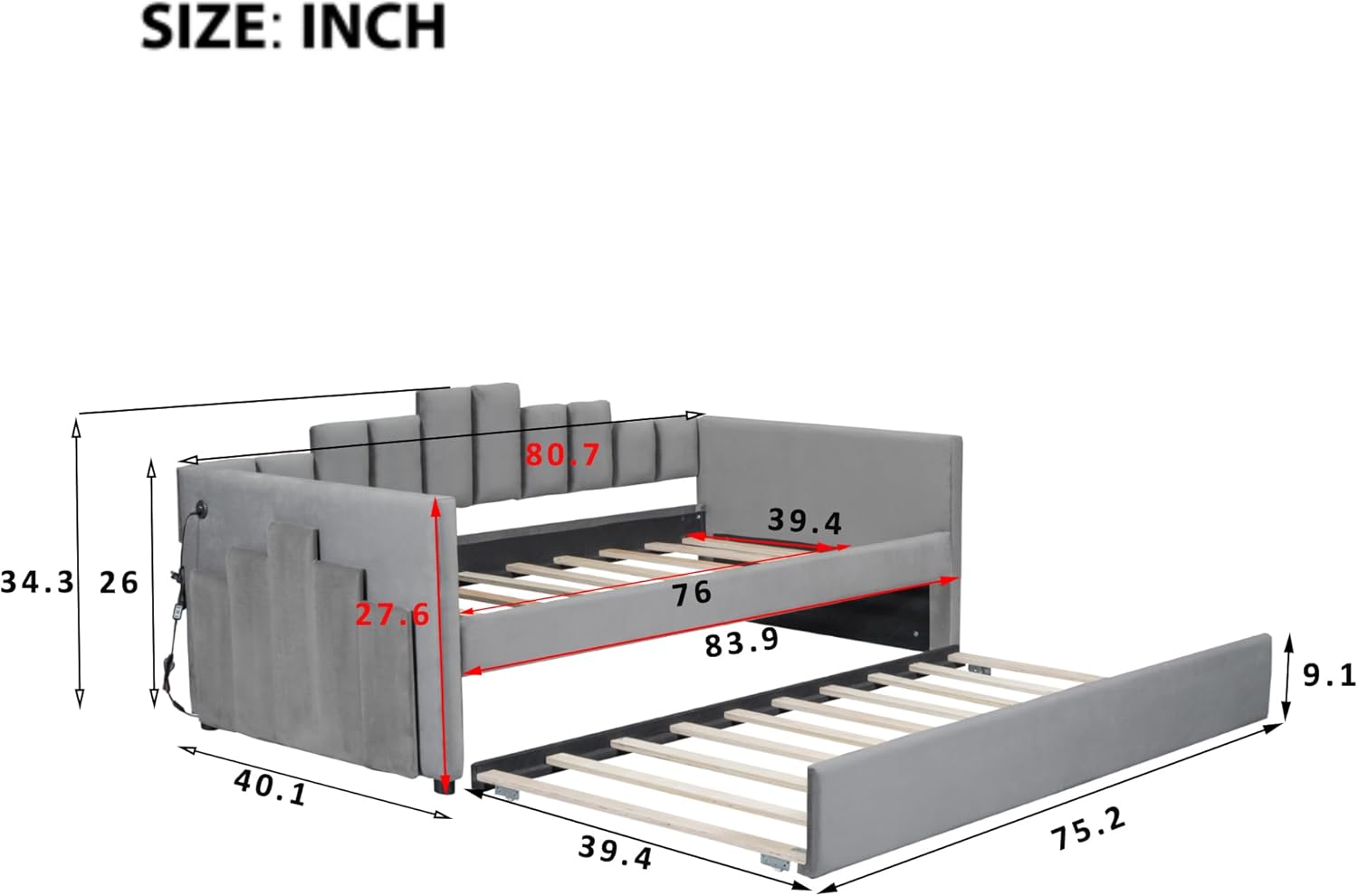 Twin Size Upholstered Daybed with Light and USB Port,Multi-Function Velvet Bed Frame w/Trundle,Atypical Stripes,Space-Saving&Easy Assembly,for Bedroom, Guest Room,Gray
