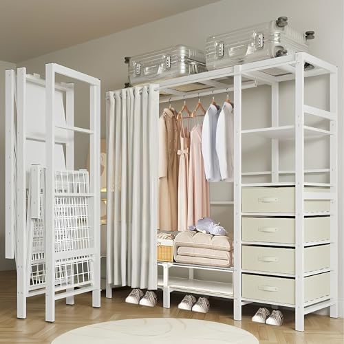Foldable Clothe Rack with Cover Load 1200lbs Heavy-Duty Portable Wardrobe with 7 Shelves and 4 drawers Freestanding Clothing Coat Storage Rack Garment Rack for Hanging Clothes (White 130cm/51.1in)