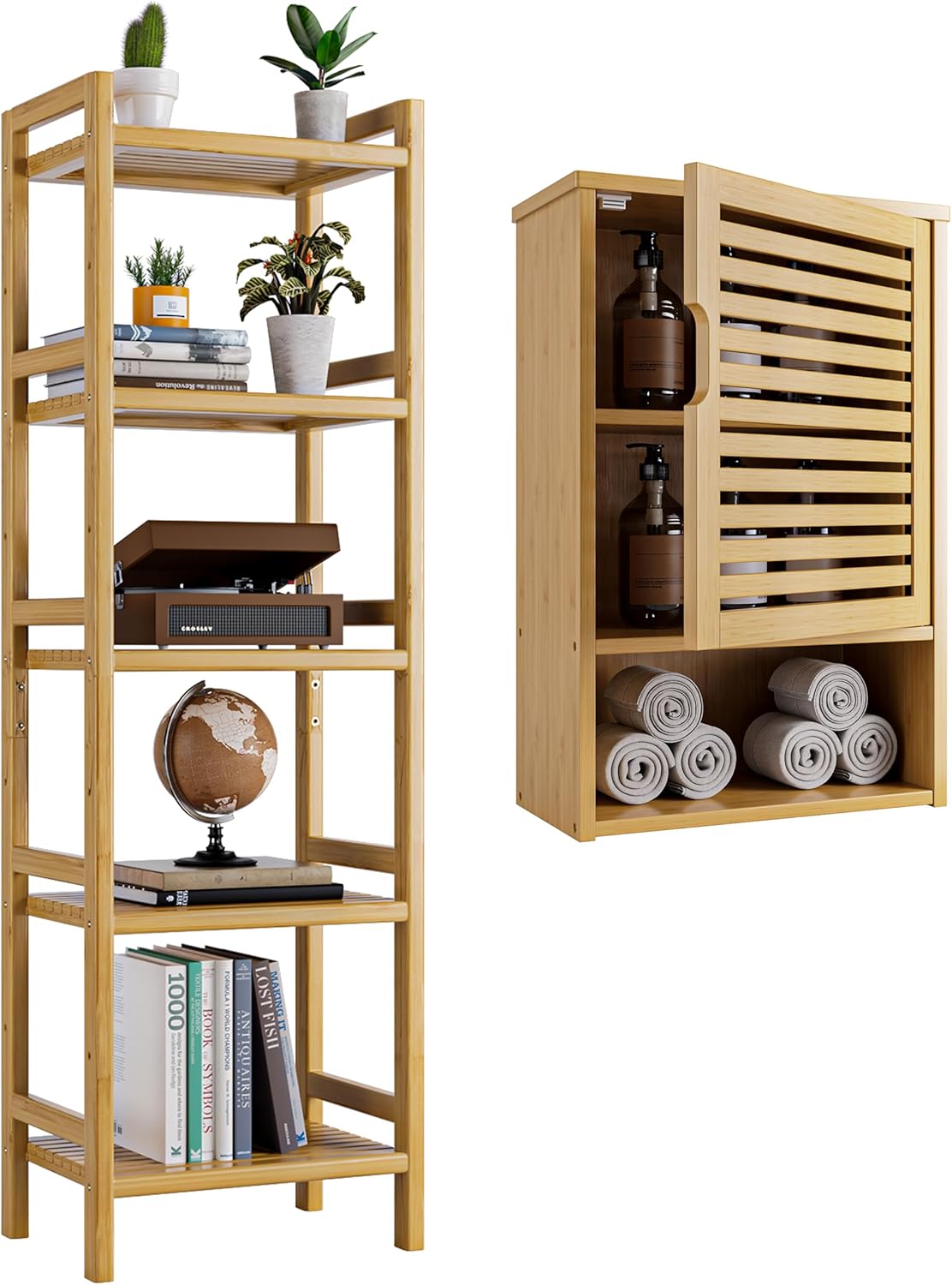 Wall Hanging Bathroom Cabinet and Narrow Tall Bookshelf, Bamboo Medicine Cabinet with Door, Adjustable Slim Display Shelving Unit