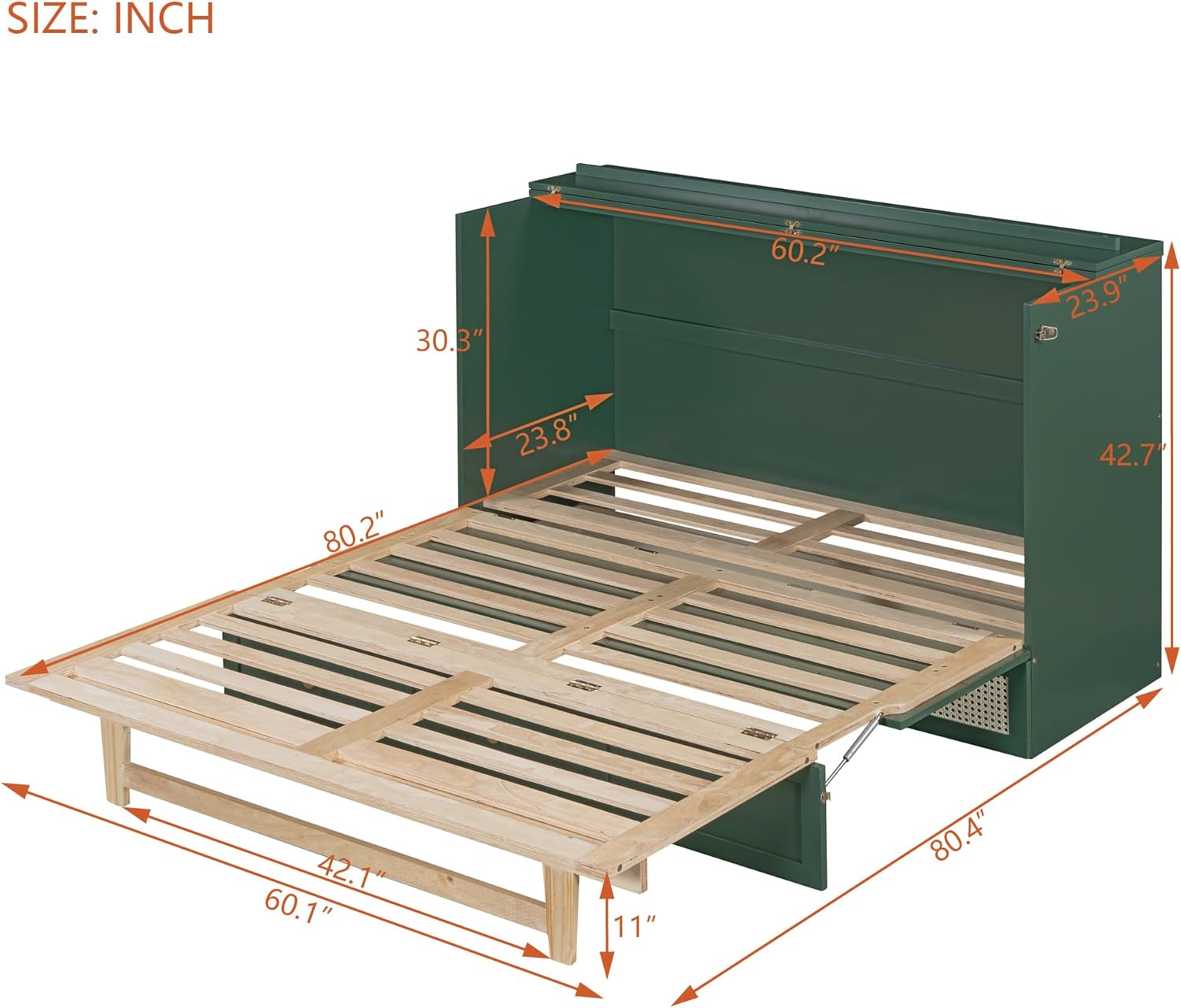 Queen Size Murphy Bed with Large Drawers, Solid Wood Murphy Bed Chest with Rattan Patterned Designs, Platform Bed Wall Bed Chest Bed for Guest Room Small Room (Green-Queen-42.7