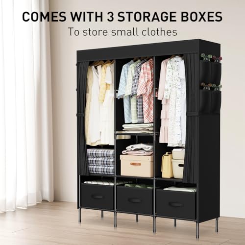 LOEFME Portable Closet, Wardrobe Closet for Hanging Clothes with 3 Drawer Boxes and 8 Side Pockets, 51.2 x 17.7 x 66.9 Inches Clothes Storage Organizer for Bedroom, Living Room, Black