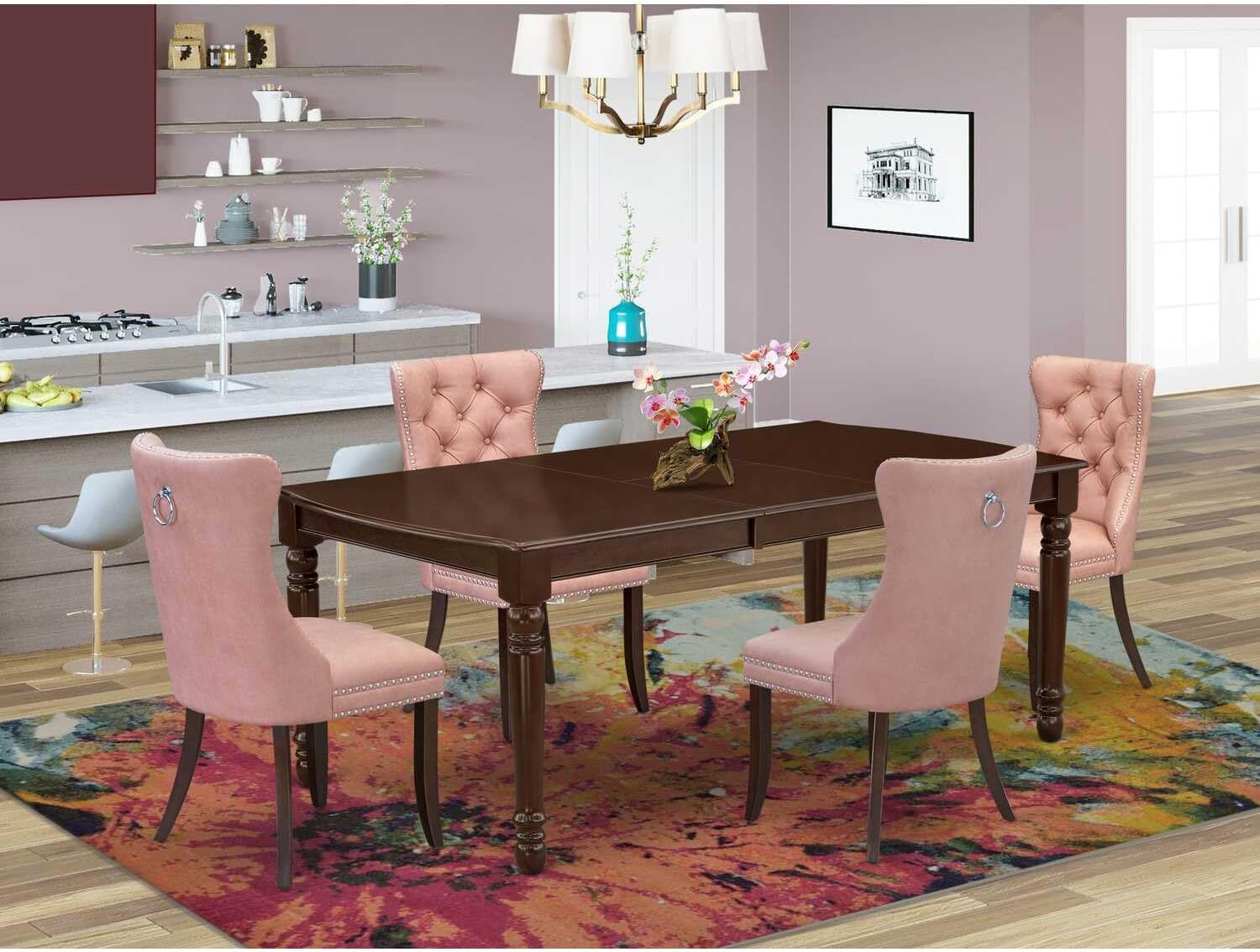 5 Piece Dining Set Consists of A Rectangle Wooden Table with Mediterranean Mastery Leaf and 4 Upholstered Chairs, Mahogany