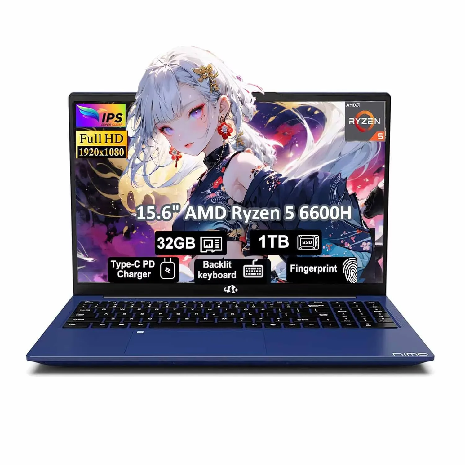 15.6" Gaming Laptop,IPS FHD Laptop AMD Ryzen 5 6600H 6-Cores 660M GPU 32GB DDR5 RAM 1TB SSD(Beat i7-1165G7, Up to 4.5GHz) Computer with 100W GaN Type C Fingerprint Backlit Keyboard Win 11