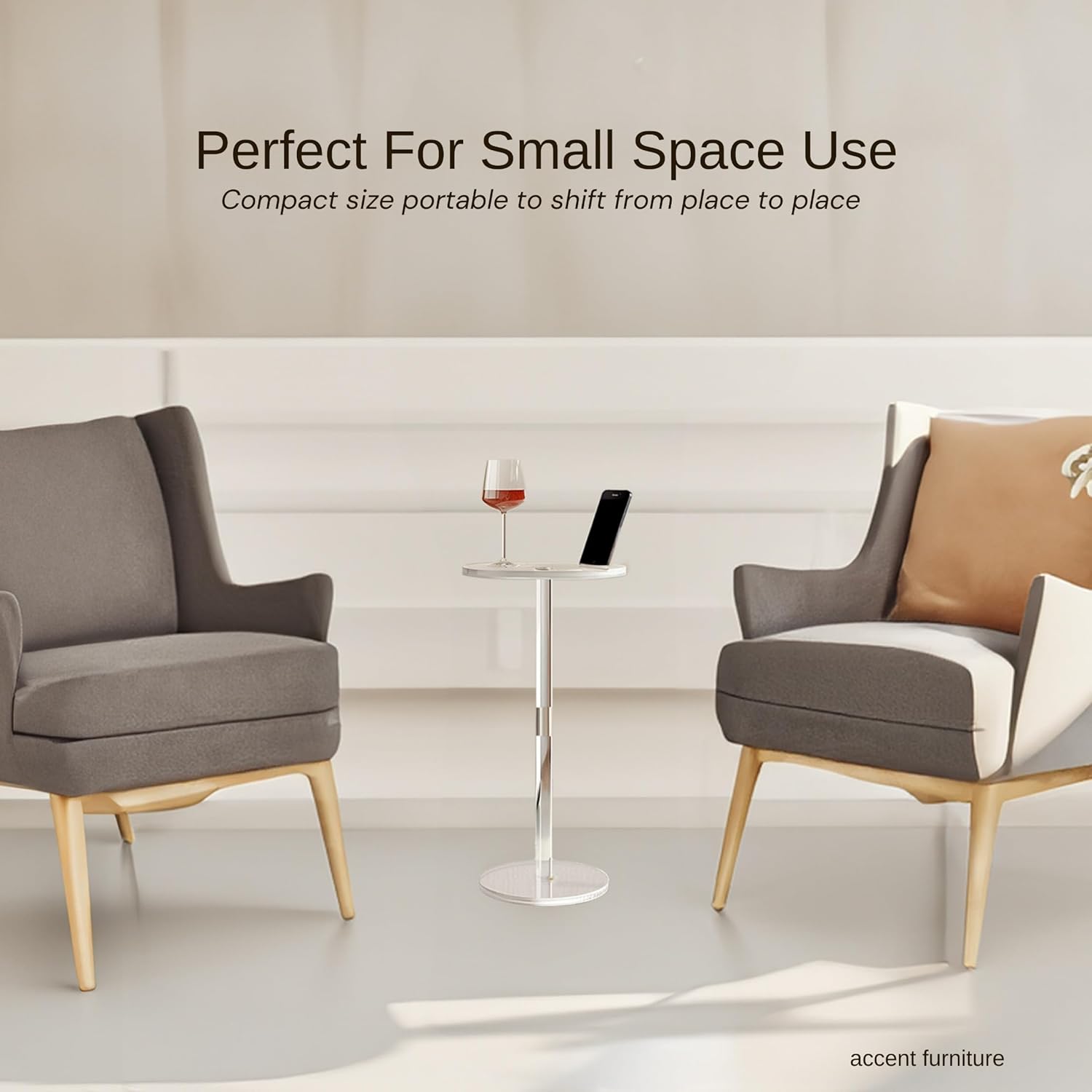 Acrylic Drink Table – Small Pedestal Side Table with Phone Holder, Round End Table 2024 Upgraded for Small Spaces, Modern Martini & Cocktail Table for Living Room, Sturdy & Easy Assembly, Clear