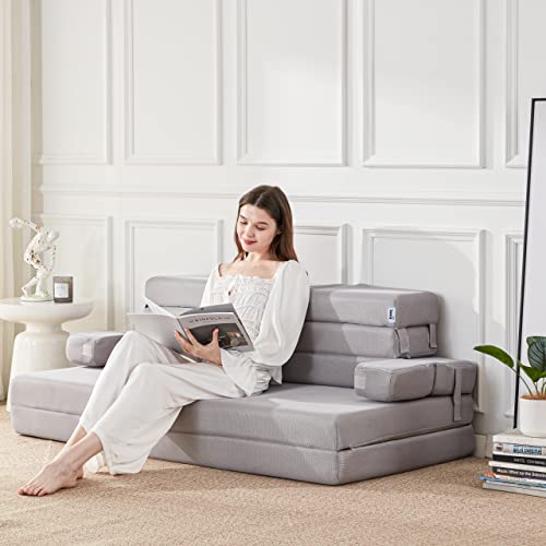 Sleep 4 Inch Foldable Mattress, Portable Floor Mattress Couch with Headrest, Washable Cover, Foldable Foam Couch Twin for Guest Bed, Folding Sofa Bed, Camping, Road Trip, Dark Grey