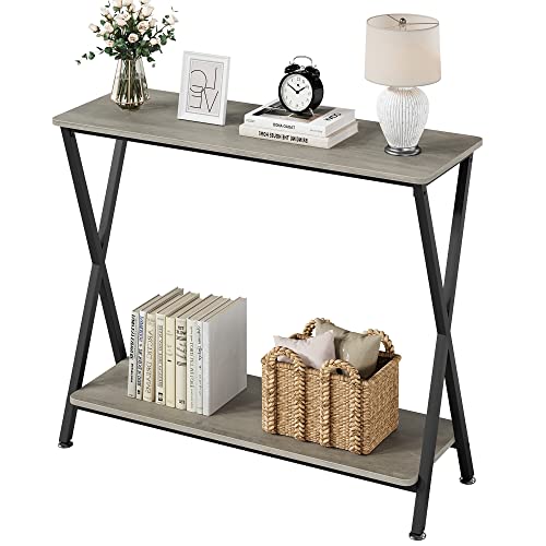 Console Table, Sofa Tables Narrow Entryway Table with Outlet, Shelf and Metal Frame, 41.3” Behind Couch Table Industrial Hallway Table for Living Room, Foyer, Bedroom (Grey)