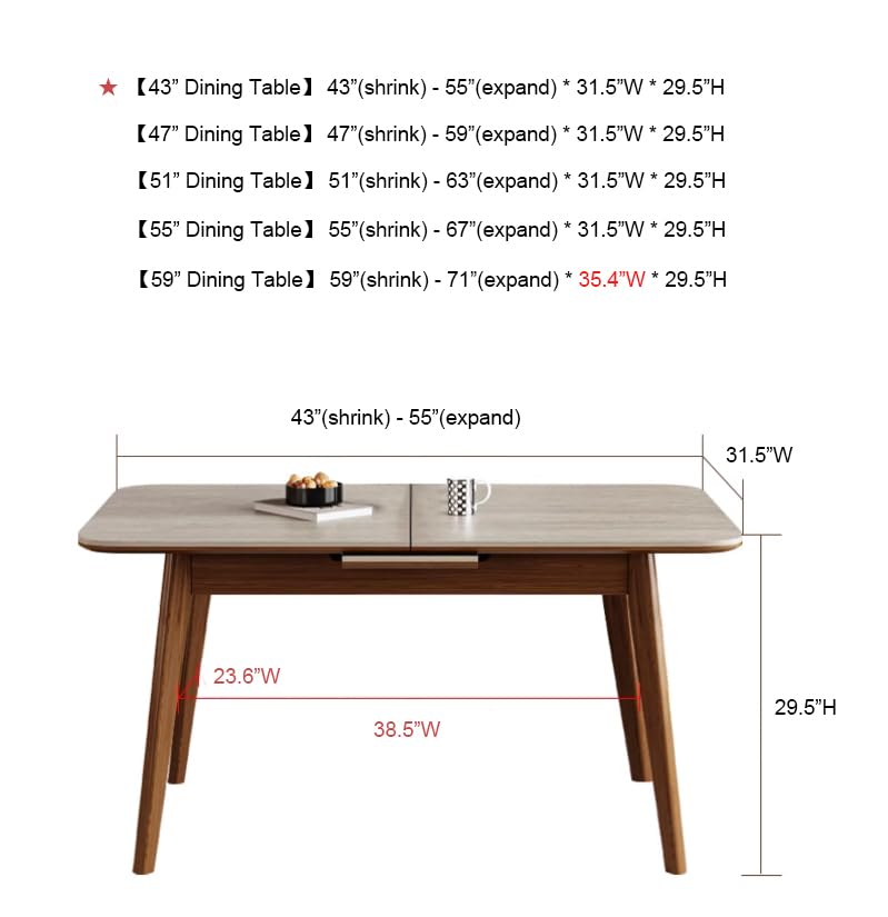 SUSUO Mid-Century Modern Expandable Dining Table, Simplicity Rectangular Sintered Stone Dining Table with Wooden Base, Space-Saving Multifunctional Dining Table, Home Kitchen Furniture