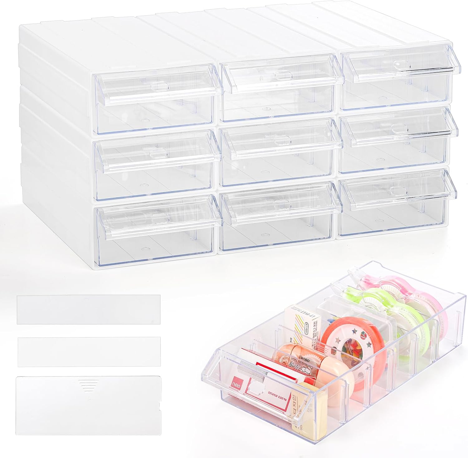 9 Pack Drawer Stacking Storage Cabinet, Plastic Desktop Drawer Closet, Small Parts Hardware Craft Organizer Container with 21 PCS Clear Dividers, 11 PCS Tag Cards for Mini Figure Jewelry Bead