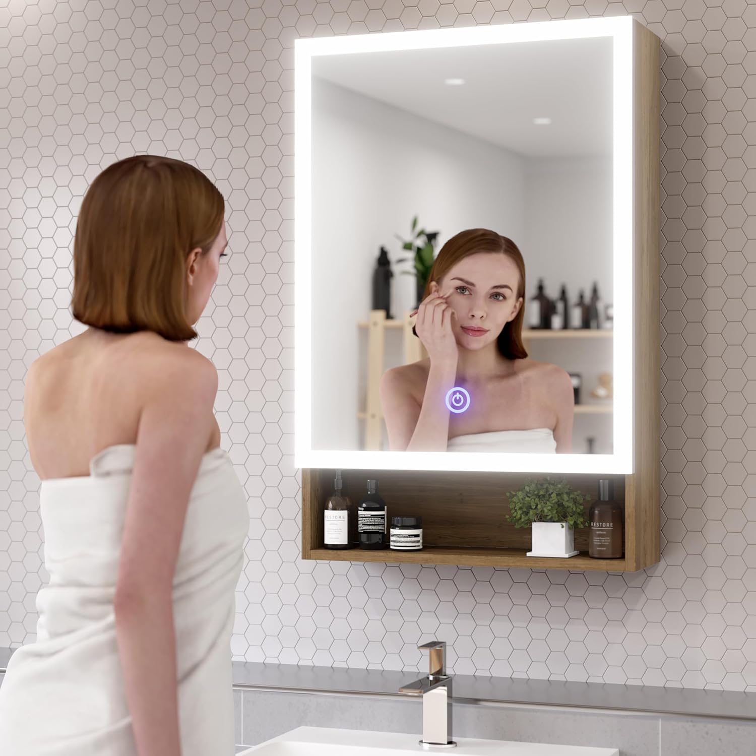 Wall Cabinet with Mirror,Bathroom Medicine Cabinets with 3 Colors Led Lights,Wall Mounted Bathroom Storage Cabinet,Wood Hanging Cabinet with Adjustable Shelf