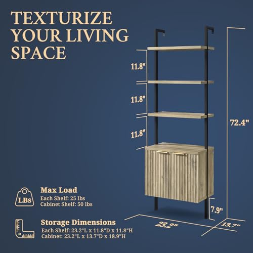 Oxford Bookshelf, Ladder 5 Tier Open Bookshelf, Tall Book Shelf with Cabinet, Wall Mount Bookshelves with Display Rack, Bookcase with Shelves for Bedroom, Living Room (Pale Oak 2 PCS)