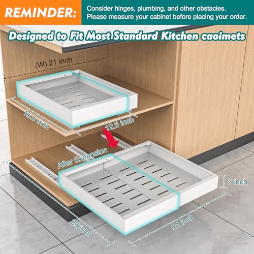 Pull Out Cabinet Organizer 2 Pack Expandable(12.6' to 21'') Slide Out Drawers No Screw Adjustable Roll Out Drawers Kitchen Cabinets Organizer And Storage For Kitchen Cabinet Pantry (White)