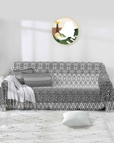 Boho Sofa Cover Couch Covers for 3 Cushion Couch Throw Couch Cover with Tassel Soft Sofa Slipcover Modern Art Geometric Texture Gray Couch Furniture Protector for Dog Pet 71