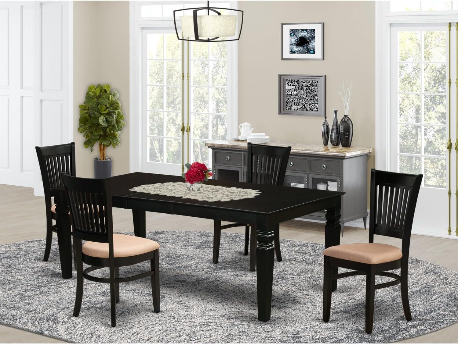 Tribal Treasures 5-Pc Dining Table Set-4 Wooden Chairs with Slatted Back and Linen Fabric Seat-A Mid-Century Butterfly Leaf Dining Table with Rectangular Top and 4 Legs- Black Finish