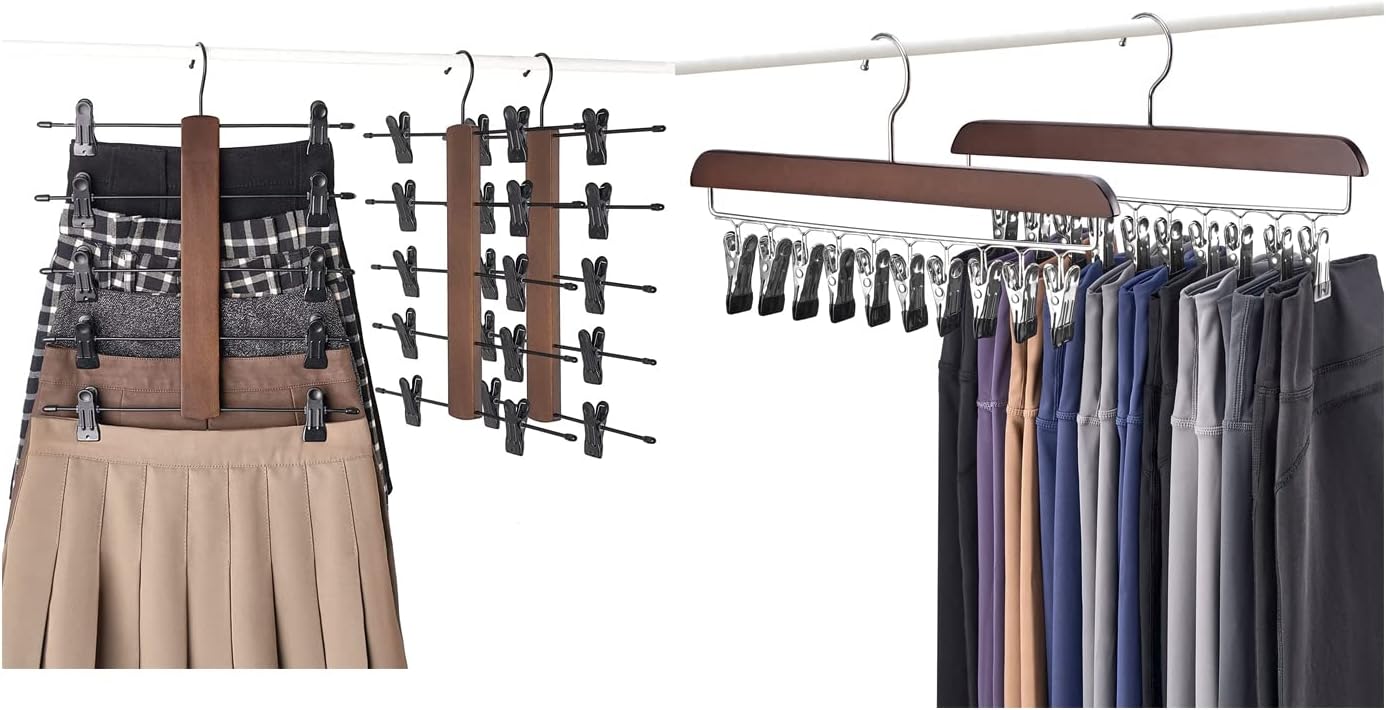Mkono Set of 5 Pants Hangers Space Saving,3 Pack 5 Tier Skirt Hanger and 2 Pack Legging Organzier for Closet