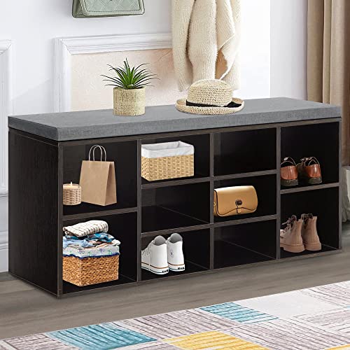 Entryway Shoe Storage Bench 10 Compartments 3-Tier Shoe Organizer with Cushion Functional Cubby Shoe Rack Bench Adjustable Shelves Shoe Shelf Torage Cabinet for Living Room Hallway Mudroom ,White