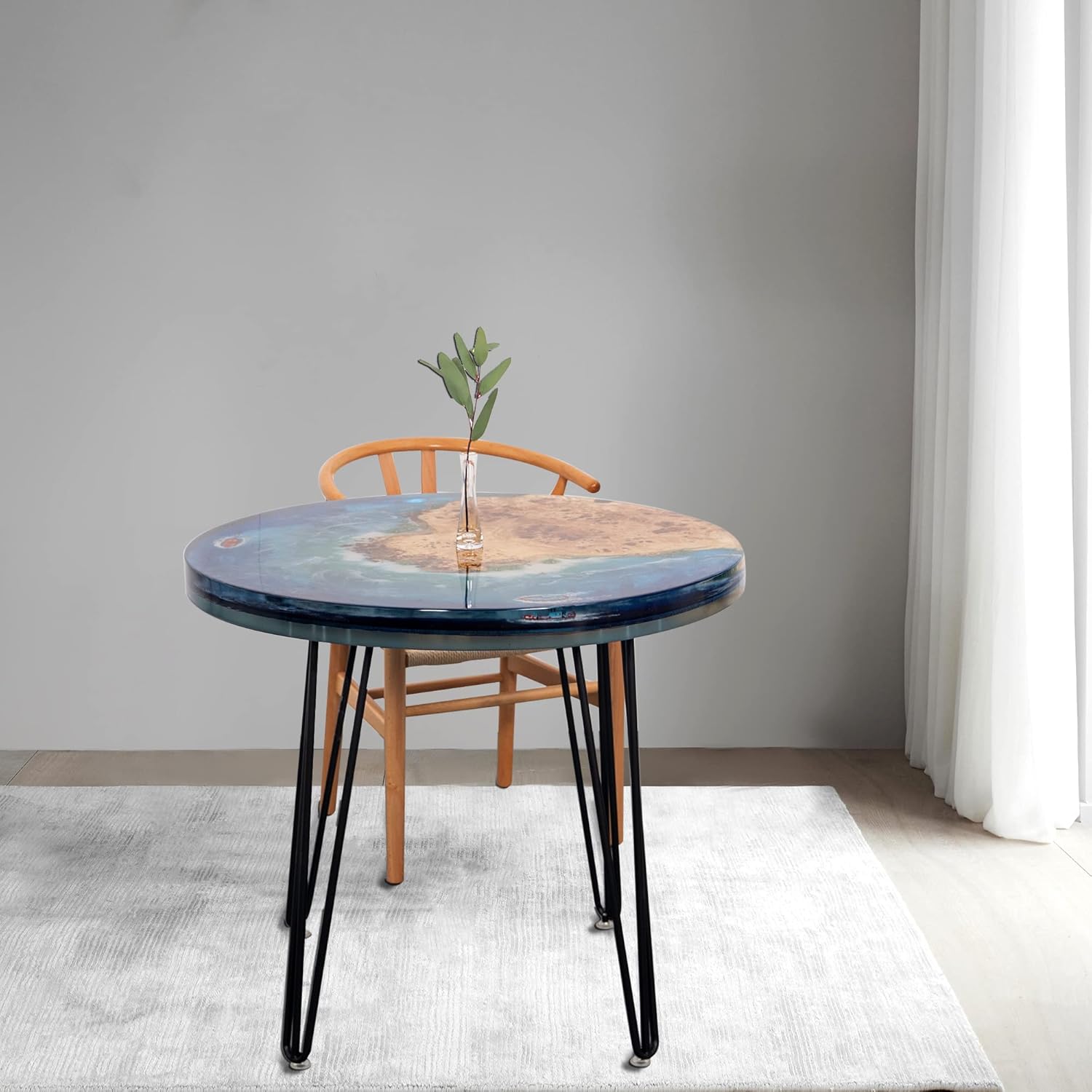 Coffee Table With Turquoise Epoxy Resin And Timber Live Edge River Table Stylish Modern Round Wooden Rustic Dining Table For Office Living Room Apartment Kitchen Nordic Style Elegant (36.6'')