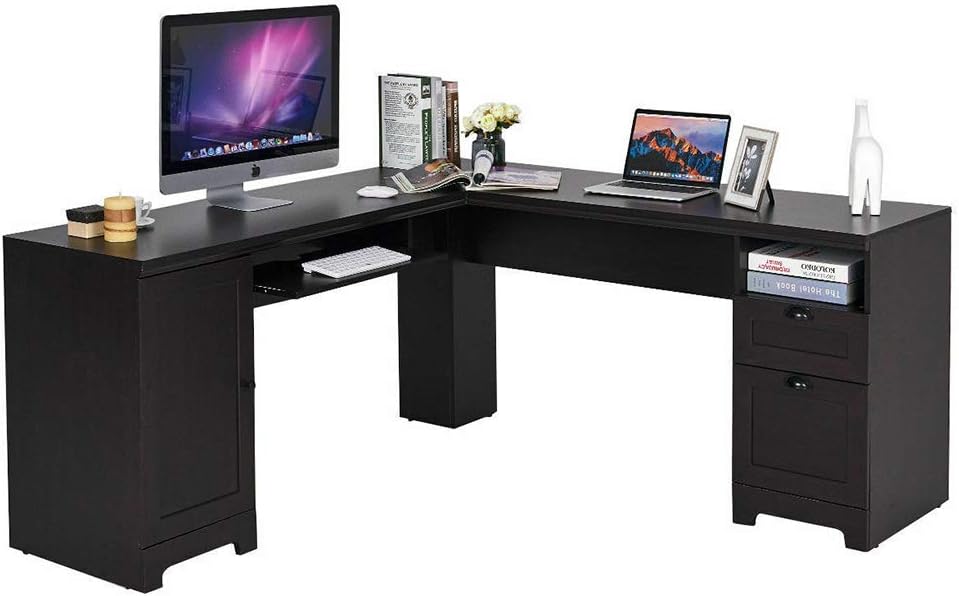 Black L-Shaped Corner Computer Desk Writing Table Study Workstation w/Drawers Storage MDF, PB 66