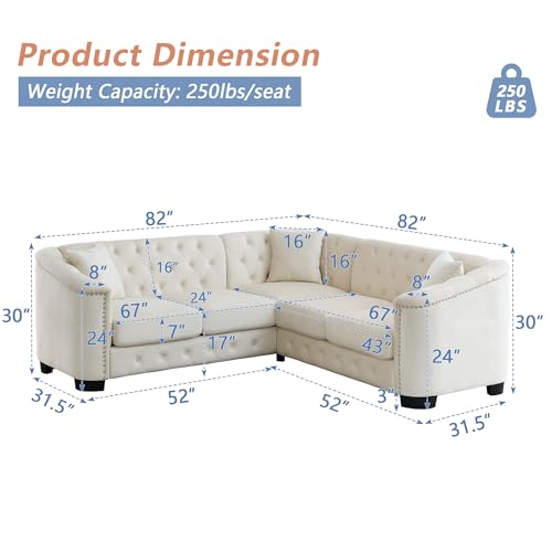 mikibama 82 Inch Modern Chesterfield Velvet Corner Sofa, L Shaped Sectional Couch, 5 Seater Nail Head Decor Upholstered Tufted Sofas with 3 Pillows for Living Room, Apartment, Office(Grey)