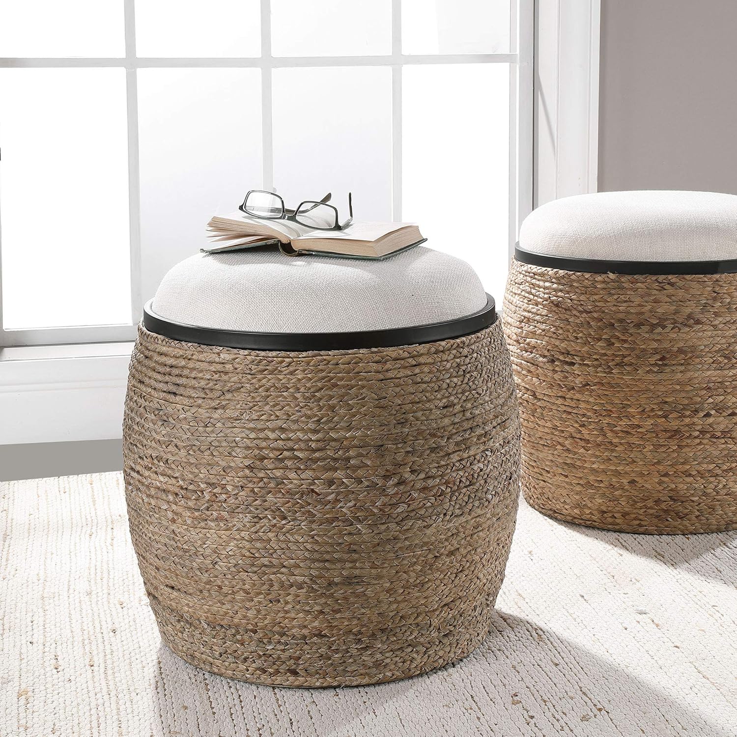 MY SWANKY HOME Coastal Round Drum Rope Stool Round Beige Braided Straw Ottoman Island Casual