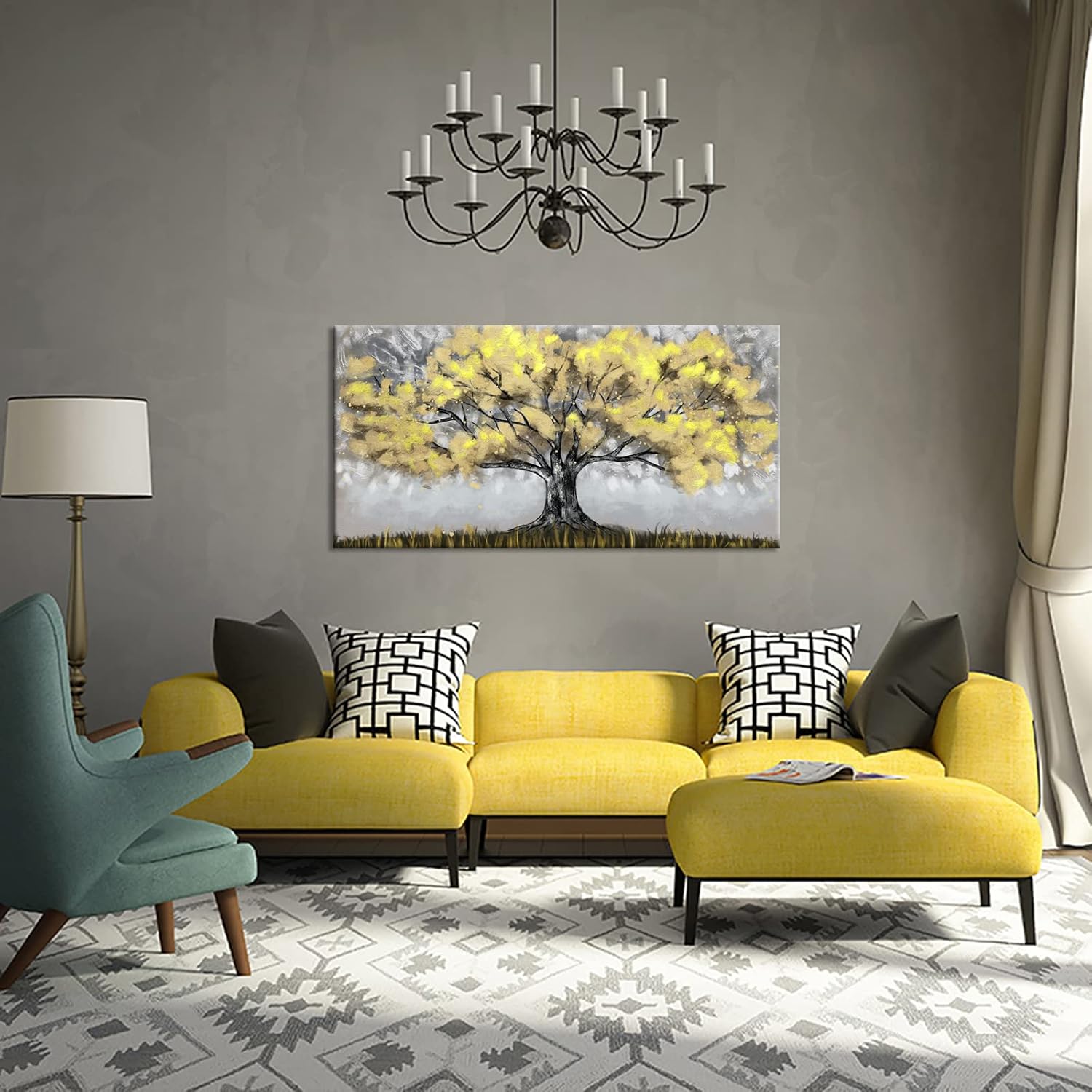 RyounoArt Yellow Tree Painting Canvas Wall Art Yellow and Gray Wall Decor Picture Abstract Tree Artwork Print for Living Room Office Framed Ready to Hang 24