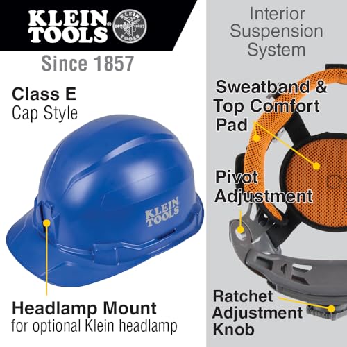 Klein Tools 60248 Hard Hat, Non-Vented Cap Style, Padded, Self-Wicking Odor-Resistant Sweatband, Tested up to 20kV, Blue