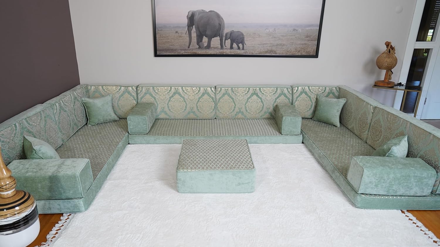 Arabic Diwan Sofa, Bench Cushions, Moroccan Sofa, Seat Cushions, Outdoor Furniture, Turkish Seating Pillows, Hookah Sofas, Sectional Sofa (4'' Thickness Sofa, U Sofa + Ottoman, Royal Green)