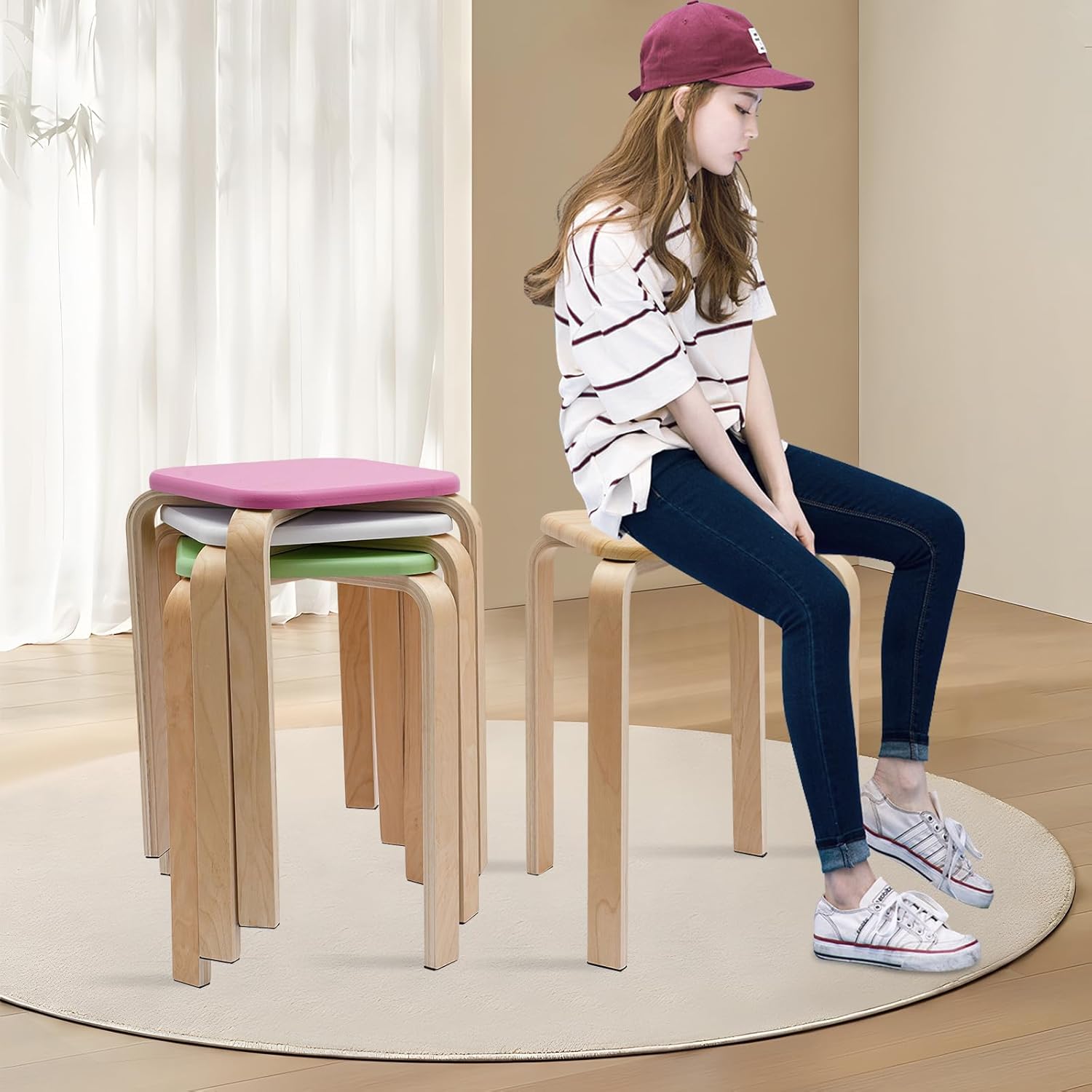 Portable Wooden Stack Stools Set of 4, 18.1Inch Height Backless Square Stools Stackable Modern Chairs for Dining Room Kitchen Classroom