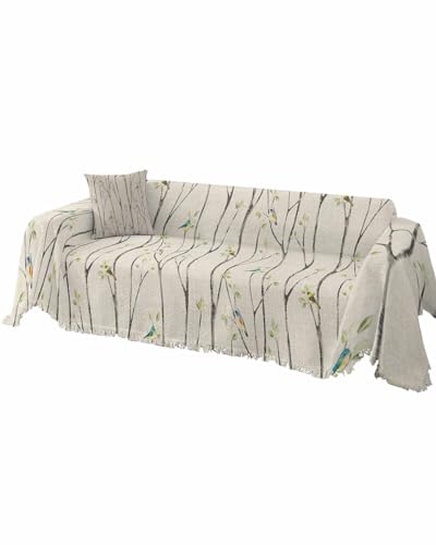 Branch Gray Sofa Cover Couch Covers for 3 Cushion Couch Throw Couch Cover with Tassel Soft Sofa Slipcover Spring Bird Tree Leaves Grey Couch Furniture Protector for Dog Pet 71