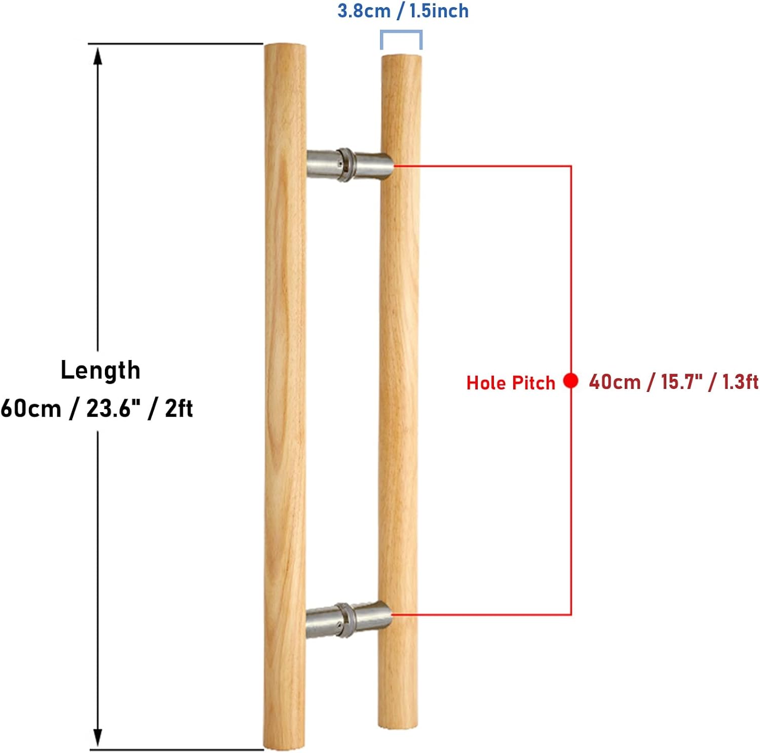 59/47/39.3/31.5/23.6/15.7 in Long Sliding Barn Door Handle Wooden,Push Pull Door Handle for Entry Interior & Exterior Glass Gates,Double Sided H Shape Round Bar (Color : Red,Size :