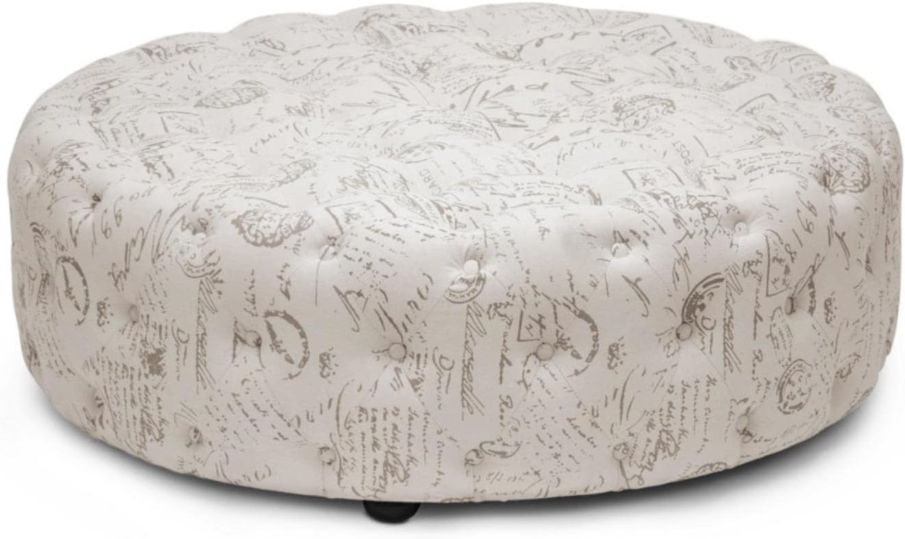 Baxton Studio Cardiff Script Print Modern Tufted Ottoman, Beige