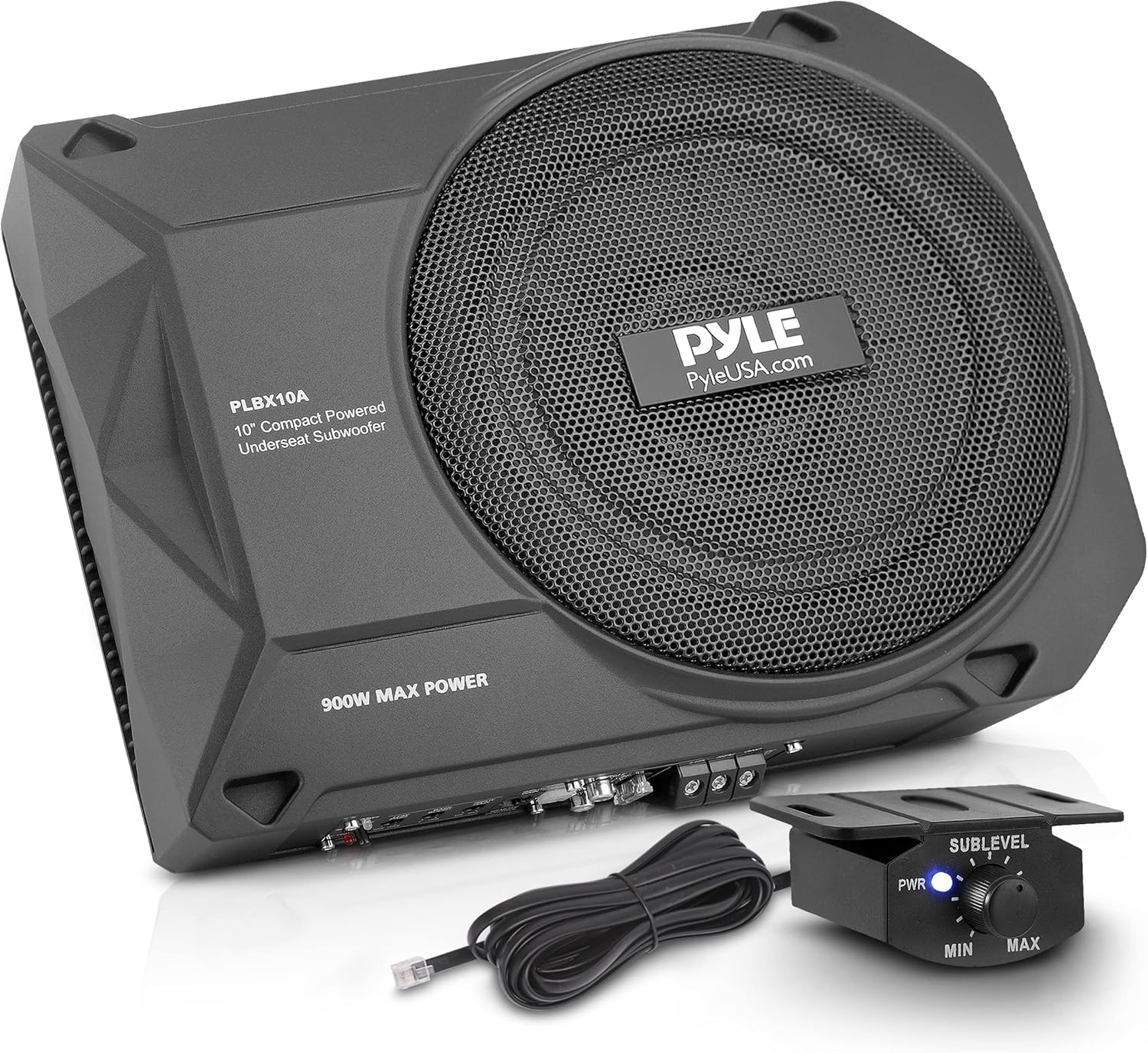 Pyle 10-Inch Low-Profile Amplified Subwoofer System - 900 Watt Compact Enclosed Active Underseat Car Audio Subwoofer with Built-in Amp, Powered Car Subwoofer w/Low & High-Level Inputs - PLBX10A