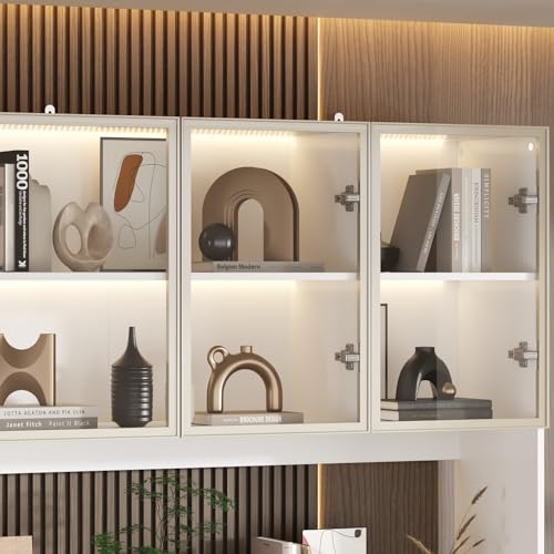 Homsee Bookcase Bookshelf with Storage Shelves, Drawers, 6 Glass Doors & LED Lights, Wooden Display Storage Cabinet with Hutch for Home Office, Living Room, White (47.2”W x 14.2”D x 78.7”H)