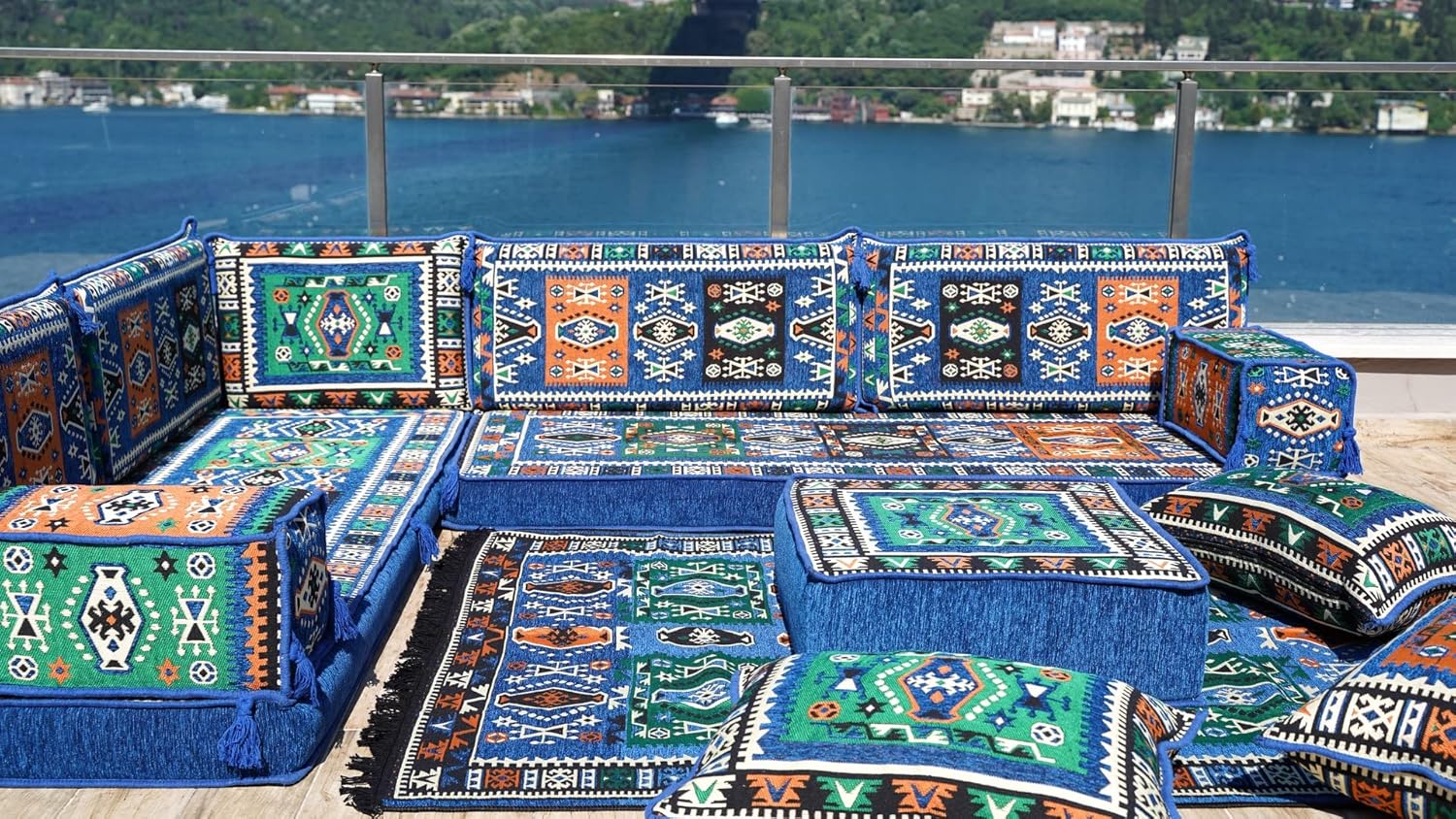 Arabic Sofa Seating Set, Floor Cushions, Moroccan Rug, Sectional Sofas, Arabic Majlis Set, Oriental Sofa, Ottoman Couch (4'' Thickness Sofa, L Sofa Full Set, Royal Blue)