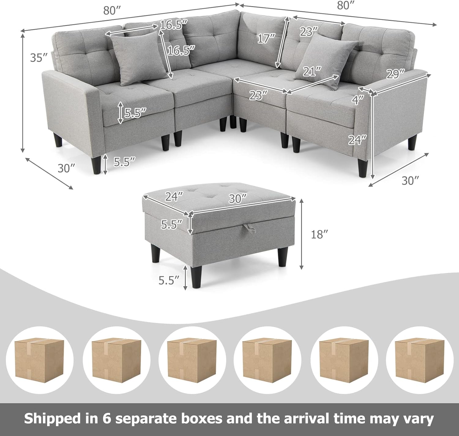 KOMFOTT Modular Sectional Sofa Couch, Reversible L-Shaped Corner Sofa Set with Ottoman, Faux Linen Fabric, 2 Removable Pillows, Modern 5-Seat Sofa Couch, Living Room Furniture Sets (Gray)