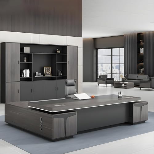 Modern Large Executive Desk with Drawer, L-Shaped Computer Desk Office Desk Home Office Furniture with Drawers Rustic Computer Table for Home Office with USB Power Outlet Storage Cabine