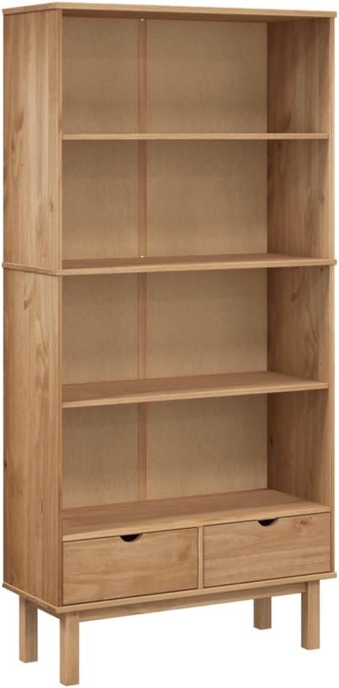 vidaXL OTTA Freestanding Bookcase - Brown Solid Pine Wood, Scandinavian Design, 2 Drawers and 3 Shelves - Suitable for Home Office, Study, Living Room