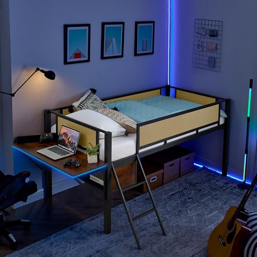 Twin Metal Loft Bed with Gaming Desk, LED Lights, Storage Shelves & Hanging Compartments - Twin Bed Frame with Safety Guard & Ladder, No Box Springs Required, Brown