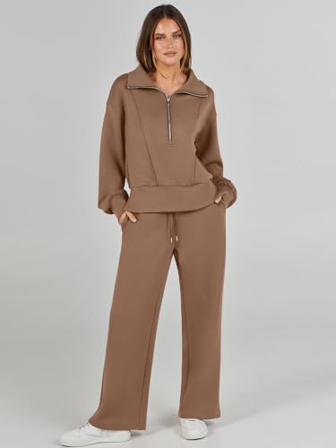ANRABESS Womens Two Piece Outfits 2024 Fall Sweatsuit Set Half Zip Cropped Sweatshirt Wide Leg Sweatpant Lounge Set