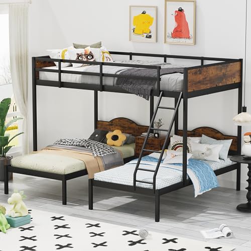 Triple Bed Twin-Over-Twin-Over-Twin Bed L Shaped Bunk Bed with 2 Drawers and 2 Ladders for Kids/Teens, No Box Spring Needed