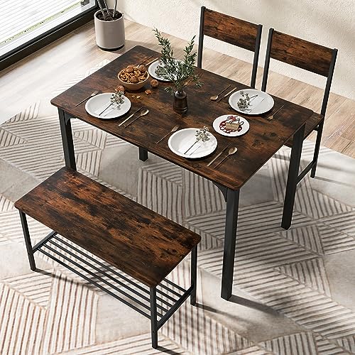 KOTEK Dining Table Set for 4, Kitchen Table Set with Chairs & Bench, Kitchen Table and Chairs Set of 4 w/Metal Frame & Storage Rack, Space Saving Dinette Set, Modern Dining Room Table Set (Coffee)