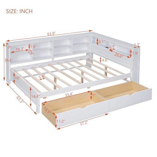 Twin Size L-Shaped Bed Frame with Trundle, Wood Corner Bed Wooden Captain Bed with L-Shaped Bookcase, Solid Wood Platform Bed Frame for Small Room, Guest Room