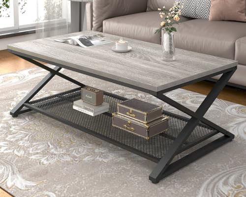 LVB Industrial Grey Coffee Table, 2 Tier Wood Metal Living Room Table, Wooden Rectangle Center Table with Storage, Farmhouse Low Cocktail Tea Table for Home Office Bedroom, Dark Gray Oak, 39 Inch