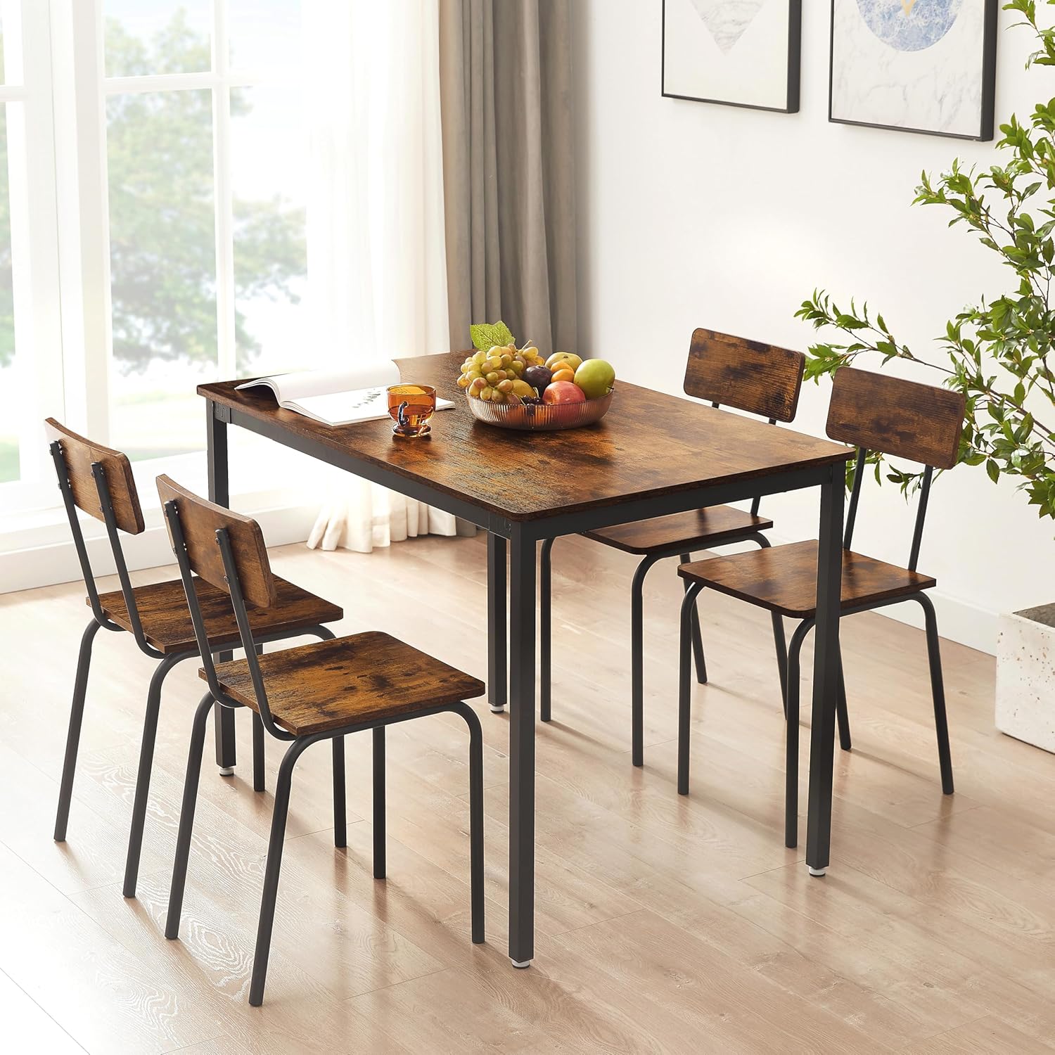 5-Piece Kitchen Bar Chair of 4, Industrial Dining, Metal Frame Breakfast Nook Counter Height Table Sets, for Restaurant, Bistro Pub, Rustic Brown, 43.31'' L x 27.56'' W x 30.32'' H