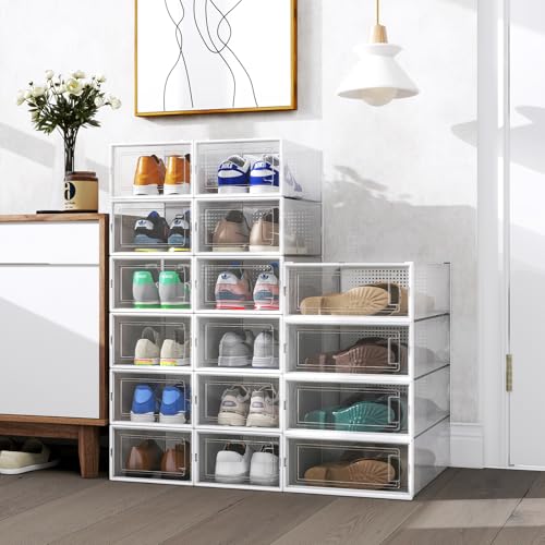 PARANTA 4-Piece Boot Shoe Storage Box, Stackable Clear Plastic Shoe Organizer, With Clear Door For Storing Women Shoes 20.5