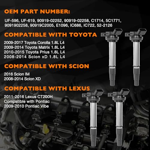 Ignition Coil & Spark Plugs Set of 4 Compatible with Toyota Prius Corolla Matrix Lexus CT200h Pontiac Vibe Scion xD 1.8L L4 Replaces# UF-596, UF-619, 90919-02252, 90919-02258