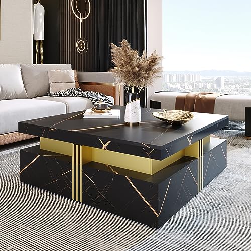 P PURLOVE Modern Luxury Coffee Table,Square Coffee Table with 4 Drawers,Contemporary Center Cocktail Table with Gold Accents for Living Room,White