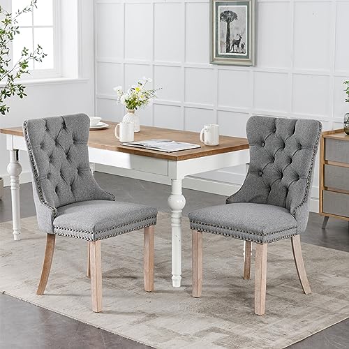 Upholstered Dining Chairs Set of 6 with Button Tufted, Linen Chair with Solid Wood Legs for Dining Room, Living Room, Bedroom, Kitchen Grey