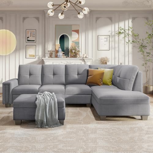 Reversible Sectional Sofa Space Saving with Storage Ottoman Rivet Ornament L-Shape Couch for Large Space Dorm Apartment (Light Grey)