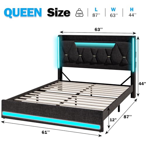 King LED Bed Frame with Hidden Storage and 2-Tier Storage Shelvs Headboard,Bed Frame with Charging Station and LED Lights,No Box Spring Needed, Dark Gray Linen Cloth