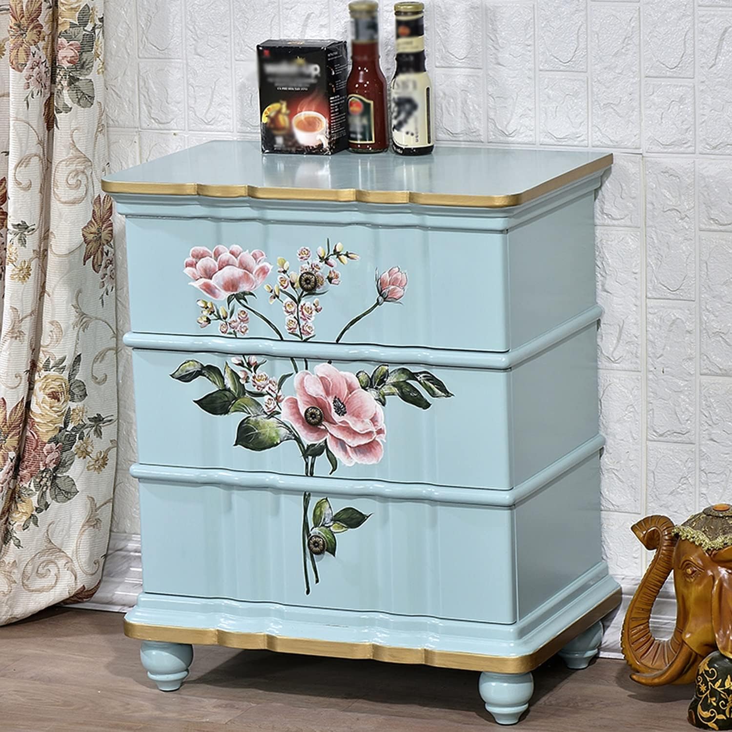 Light Luxury Nightstand, Exquisite Painting Corner Table Bedside Tables with 3 Drawers, Wooden Big Storage Cabinet Home Furniture for House Bedroom